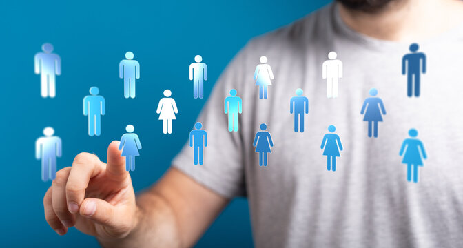 A hand interacting with digital people icons, representing concepts like networking, teamwork, and social media. Ideal for business, technology,