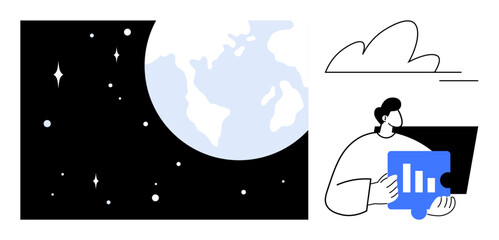 Naklejka premium Globe surrounded by stars, person holding puzzle piece with bar chart. Ideal for global strategy, analysis, teamwork, data insights, problem-solving, innovation, simple flat metaphor