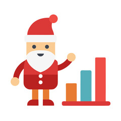 Cartoon santa claus character standing next to a bar graph isolated on transparent background