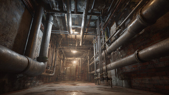 A dimly lit, gritty industrial corridor filled with pipes and conduits