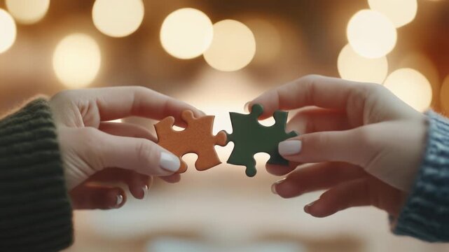 Human hands interlocking two puzzle pieces symbolizing connection and teamwork