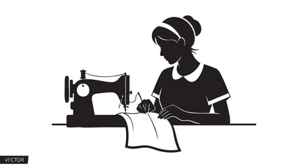 Silhouette of a woman sewing on a vintage sewing machine, ideal for tailoring and fashion projects