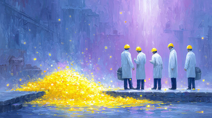 Factory Hazard Assessment, Workers responding to a flammable liquid spill on the floor, highlighting safety precautions in an industrial setting.