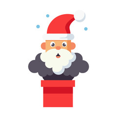 Cartoon santa claus popping out of a chimney wearing his hat and beard isolated on transparent background