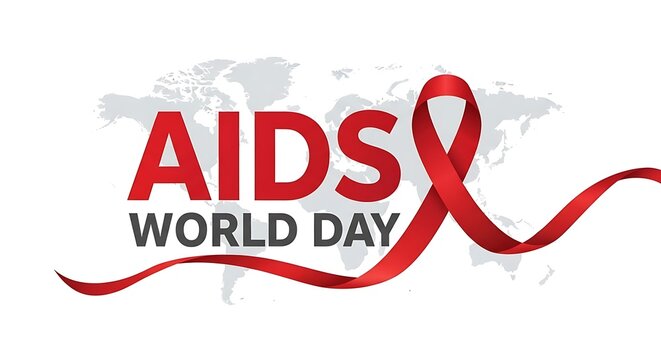 Aids world day text with red ribbon and world map background
