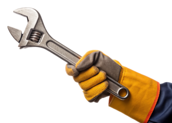 Construction worker’s hand holding wrench isolated on a transparent background.