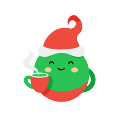 Cute green character wearing a santa hat holding a steaming mug of hot chocolate isolated on transparent background
