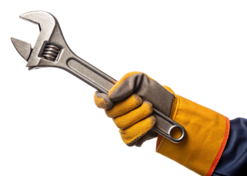 Construction worker’s hand holding wrench isolated on a transparent background.