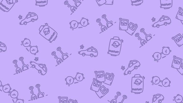 Seamless repeating pattern featuring a hand-drawn style outline of various travel and vacation items, including passports, cars, sunglasses, and beach toys