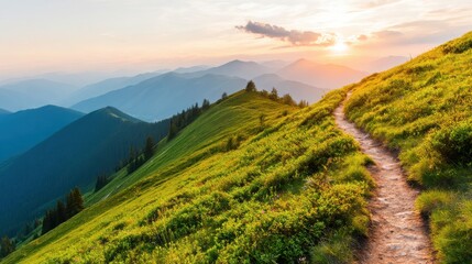 A scenic mountain landscape at sunset, featuring lush green hills and a winding path leading into the distance.