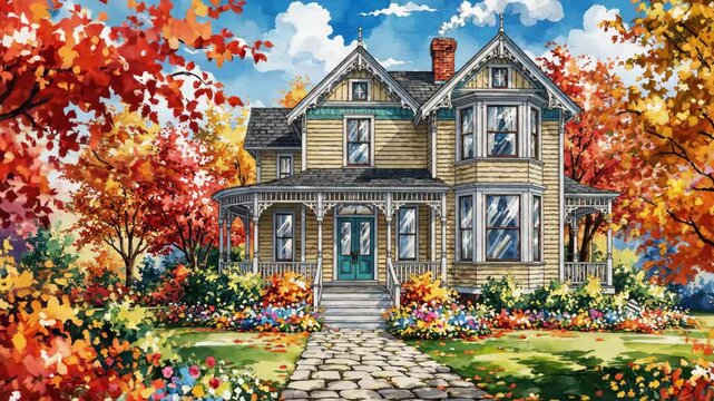 Autumnal Victorian Home - A picturesque Victorian home is framed by vibrant autumn foliage and a clear blue sky.