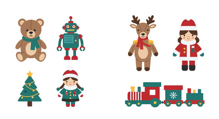 Set of cute and colorful Christmas and holiday-themed illustrations featuring toys, characters, and festive objects
