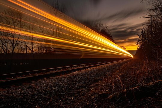 Light trails from a fast moving train passing by at sunset