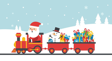 Santa Claus driving a festive red train filled with gifts and a snowman, set against a snowy winter landscape with pine trees and falling snow