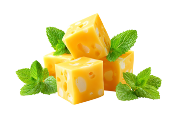 Fresh cheese cubes with herbs and mint leaves isolated on a transparent white background, clipping path, pen tool