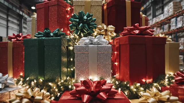 Christmas Gifts Pyramid in Warehouse - A pyramid of gift boxes sits in the middle of a warehouse setting, decorated with bows and string lights.