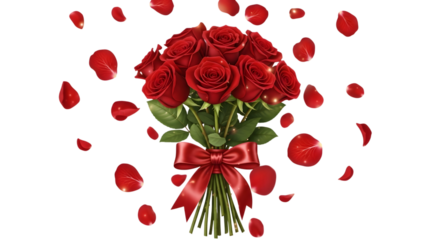 Red roses bouquet with petals isolated on transparent background