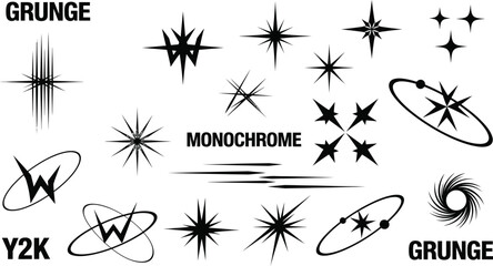 Monochrome y2k grunge abstract graphic elements with starbursts and oval shapes
