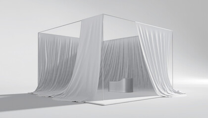 Elegant display booth draped in flowing white fabric, showcasing a minimalist modern product pedestal for impactful presentations and launches.