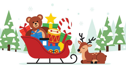 Festive Sleigh Full of Toys and a Reindeer Companion in a Snowy Winter Landscape