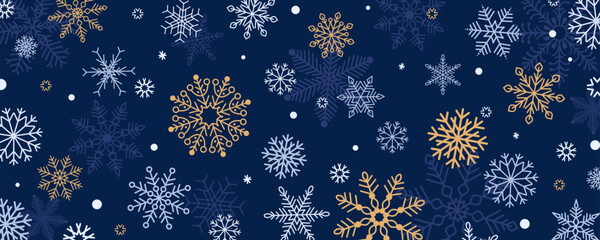 Horizontal winter background with snowflakes in different shapes and forms. Holiday ornament. Flat vector illustration. Ideal for banner, wallpaper, cover