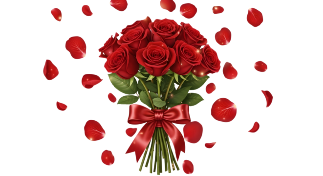 Red roses bouquet with petals isolated on transparent background