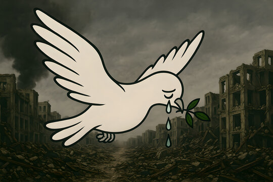 The dove of peace flies over a completely devastated city in a war zone. At the sight of the devastation, tears stream from its eyes.