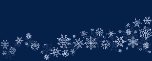 Rectangular winter banner with elegant garland of white snowflakes on navy backdrop. Holiday design in flat style. Perfect for background, poster, wallpaper, cover