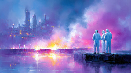 Factory Hazard Assessment, Machinery overheating with sparks flying, showcasing workers in a production plant environment, highlighting industrial safety and operational hazards.