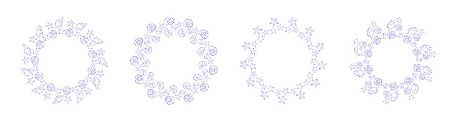 Set of 4 isolated nautical elegant circle frames. Different seashells, stars, pearl in hand drawn ink sketch retro style. Trendy template for decoration cover, album