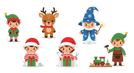 Cute Christmas Elves and Reindeer Characters, Including a Wizard and Toy Maker, Preparing Gifts and Presents, Festive Holiday Scene