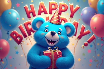 Fototapeta premium A smiling blue teddy bear wearing a party hat holds a wrapped gift, surrounded by colorful balloons and stars, with HAPPY BIRTHDAY in red letters.