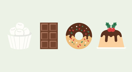 A delightful assortment of sweet treats, including fluffy marshmallows, a chocolate bar, a festive decorated donut, and a Christmas pudding
