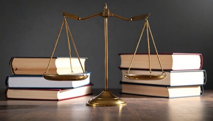 Golden Scales of Justice with Books on Wooden Surface in Dark Background
