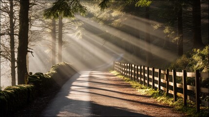 A serene forest path illuminated by soft sunlight rays filtering through trees, creating a tranquil and picturesque scene.