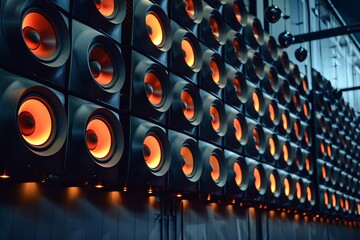 Rows of audio speakers emitting a warm orange glow create a captivating visual in a modern venue
