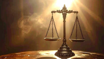 Golden Scales of Justice Symbolizing Law and Fairness Amidst Rays of Sunlight Against a Dark Background