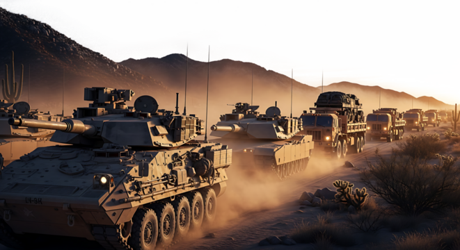 Military convoy of tanks and trucks driving on a dusty desert road at sunset, isolated on a white or transparent background, cutout, PNG