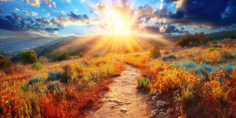 A vibrant sunrise illuminates a colorful landscape, with a winding path through fields of wildflowers and rolling hills under a dramatic sky.