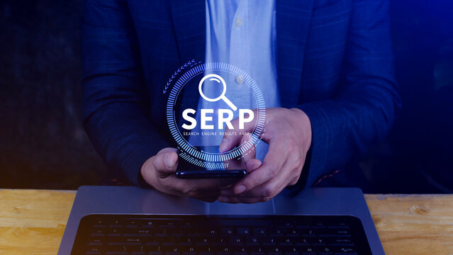 SERP, Search Engine Result Pages concept, magnifying glass with text SERP, can be used for business, marketing and education concept