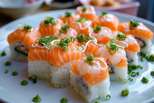 Sushi rolls topped with salmon, shrimp, spring onions and mayonnaise, creating a visually appealing and delicious japanese dish