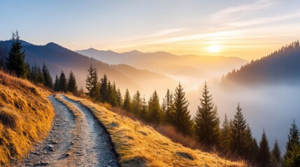 A serene mountain landscape at sunrise, featuring a winding path through lush greenery and misty hills, creating a peaceful atmosphere.