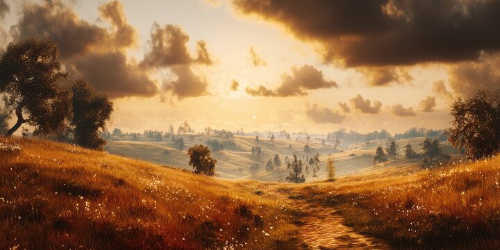 A serene landscape featuring rolling hills, golden grass, and a dramatic sky filled with clouds during sunset.