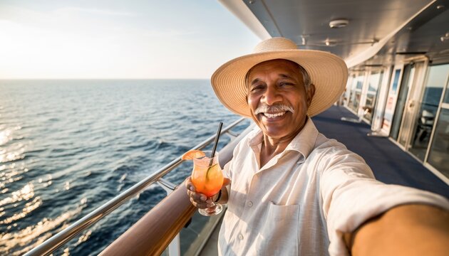 A cheerful elderly man wearing a hat takes a joyful selfie on a cruise ship deck, holding a vibrant tropical cocktail garnished with fruit and a paper umbrella  - Powered by Adobe