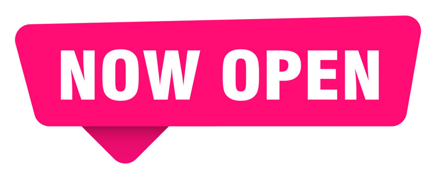 now open magenta sticker isolated on transpatent background. now open sign