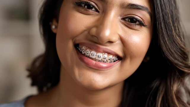 Confident Smile with Braces - A close-up shot captures a young woman smiling brightly, showcasing her dental braces.