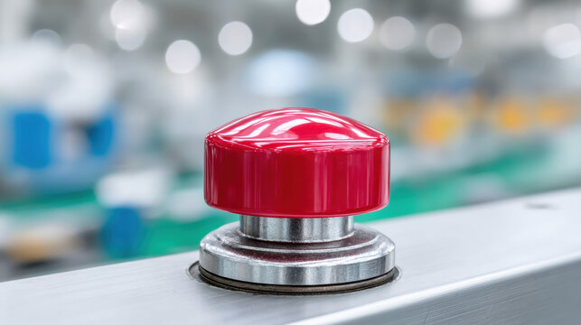 Factory Hazard Assessment, A press machine accident involving an emergency stop button, captured in a stock image, illustrating workplace safety measures and equipment use.
