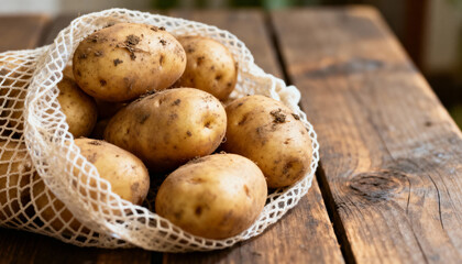 Fresh raw organic potatoes in eco mesh bag on rustic wooden table, sustainable zero-waste concept.