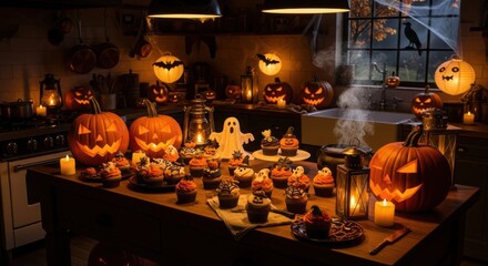 Spooky Halloween kitchen scene filled with pumpkins cupcakes lanterns and ghostly decorations