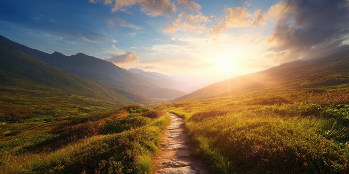 A serene landscape at sunset, featuring a winding path through lush meadows and mountains, illuminated by warm, golden light.